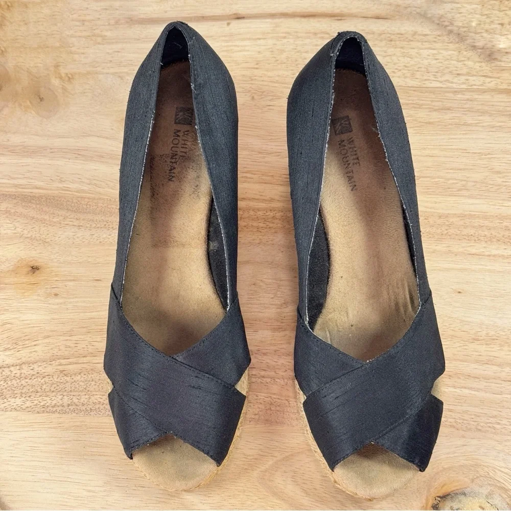 White Mountain Dupioni Fabric Peep‎ Toe Espadrille Wedge Heels Black 9